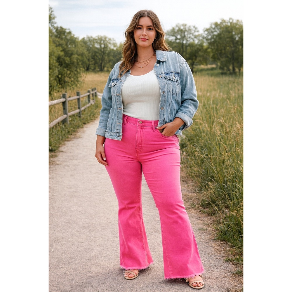 LUCKY & BLESSED Hot Pink Flare Jeans Size 3X Frayed Hem Cotton Spandex